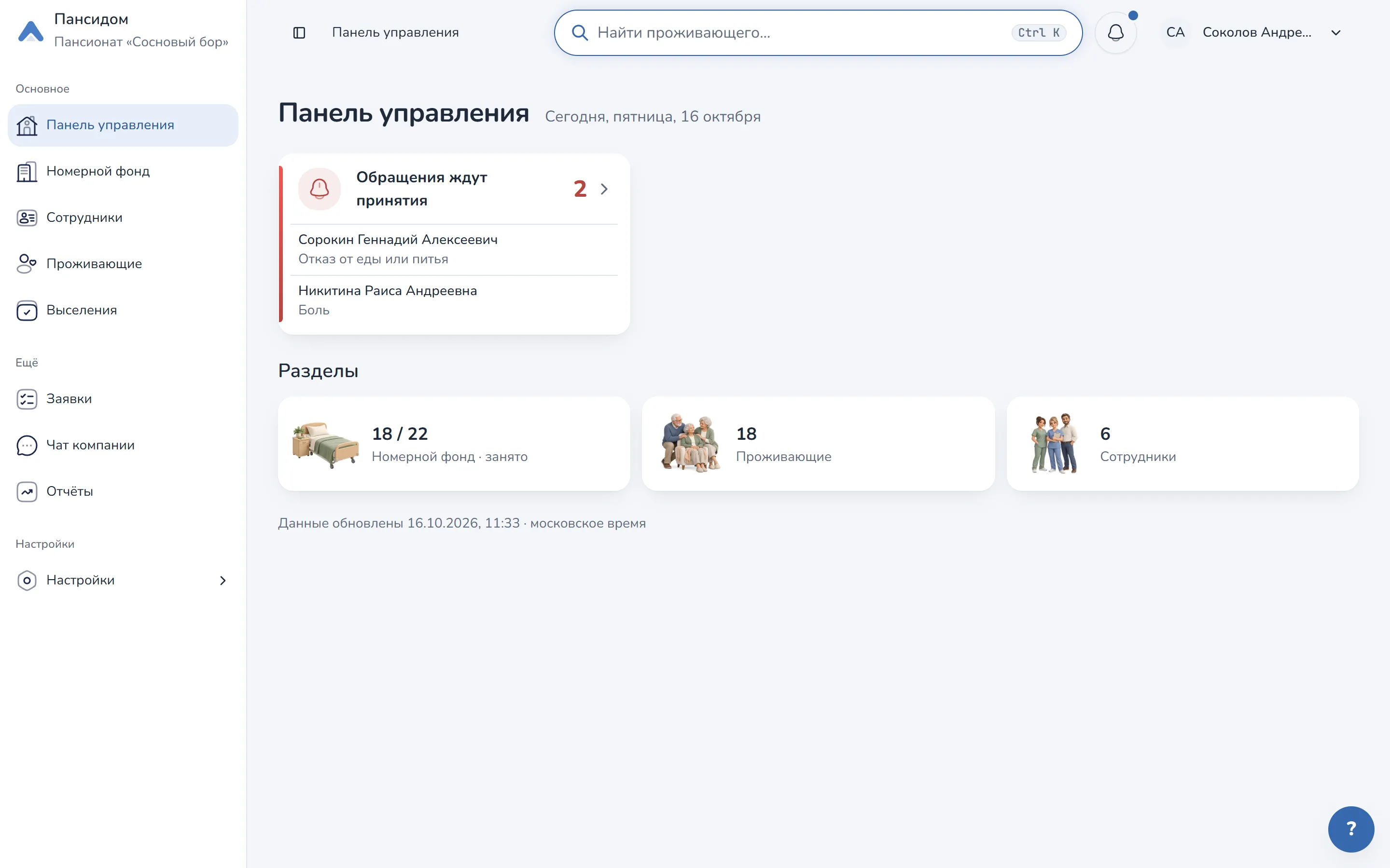Панель управления руководителя: обращения, просроченный уход и разделы